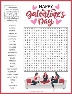 Free printable Galentine's Day Word Search puzzle worksheet