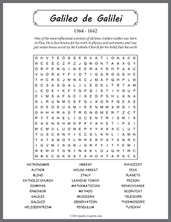 Free printable Galileo de Galilei Word Search puzzle worksheet