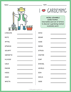 Free Printable Garden Word Scramble Puzzle Worksheet
