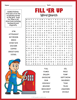 Free printable Gas Station Word Search puzzle worksheet