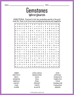 Free printable Gemstones Word Search puzzle worksheet