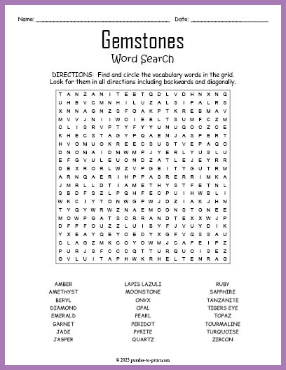 Gemstones Word Search