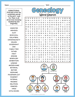 Free printable Genealogy Word Search puzzle worksheet
