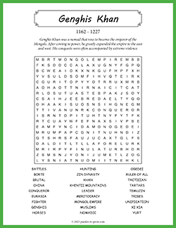 Free printable Genghis Khan Word Search puzzle worksheet