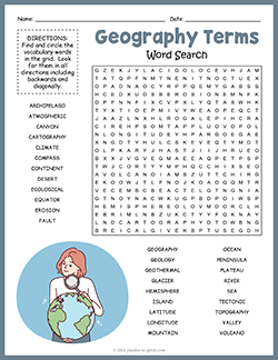 Free printable Geography Terms Word Search puzzle worksheet