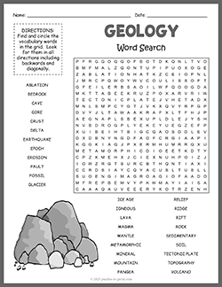 Free printable Geology Word Search puzzle worksheet