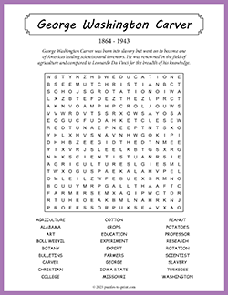 Free printable George Washington Carver Word Search puzzle worksheet
