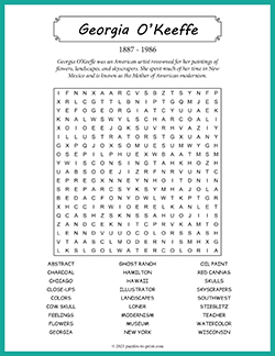 Free printable Georgia O'Keeffe Word Search puzzle worksheet