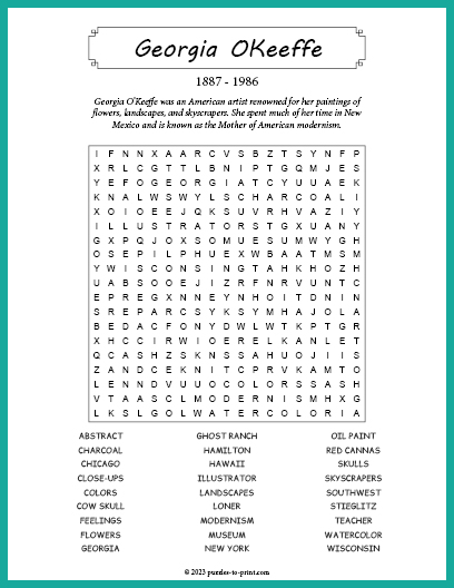 Georgia OKeeffe Word Search