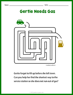 Free printable Gertie Needs Gas puzzle worksheet
