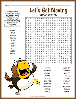 Free printable Get Moving Word Search puzzle worksheet