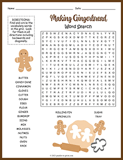 Free printable Gingerbread Word Search puzzle worksheet