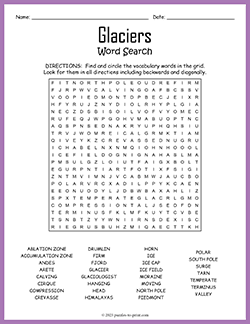 Free printable Glaciers Word Search puzzle worksheet