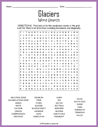 Glaciers Word Search