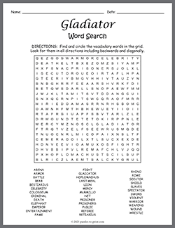 Free printable Gladiator Word Search puzzle worksheet
