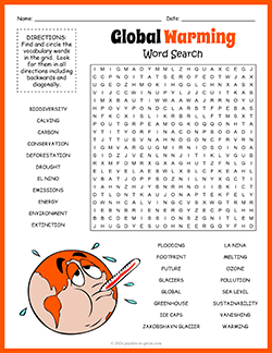 Free printable Global Warming Word Search puzzle worksheet