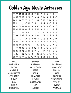 Free printable Golden Age Movie Actresses Word Search puzzle worksheet