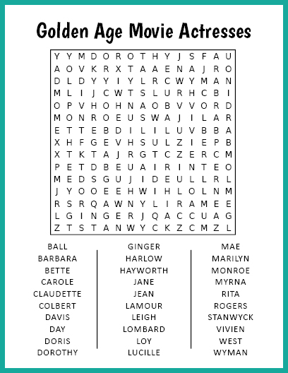 Golden Age Movie Actresses Word Search