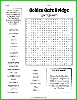 Free printable Golden Gate Bridge Word Search puzzle worksheet