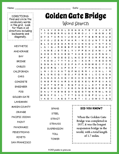 Golden Gate Bridge Word Search