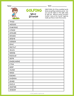 Free printable Golf Word Scramble puzzle worksheet