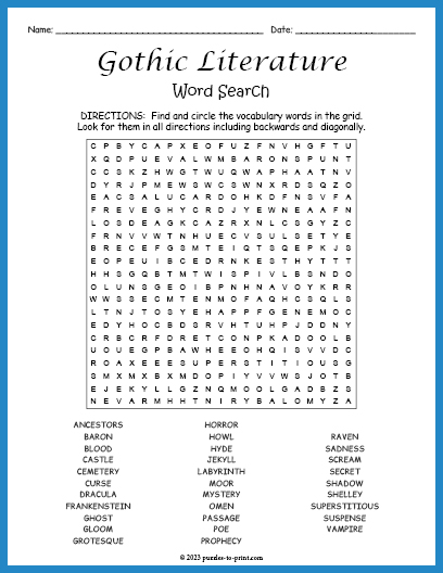 Gothic Literature Word Search