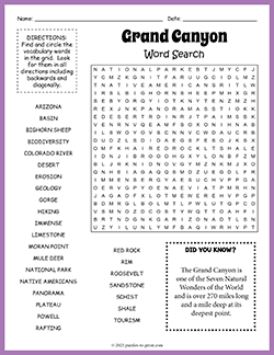 Free printable Grand Canyon Word Search puzzle worksheet