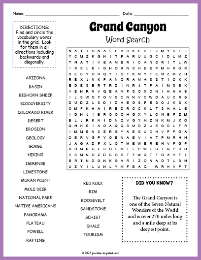 Grand Canyon Word Search