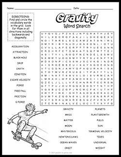Free printable Gravity Word Search puzzle worksheet