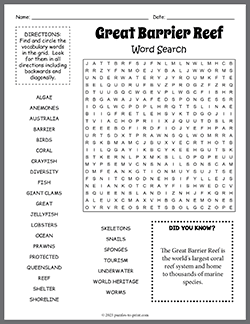 Free printable Great Barrier Reef Word Search puzzle worksheet