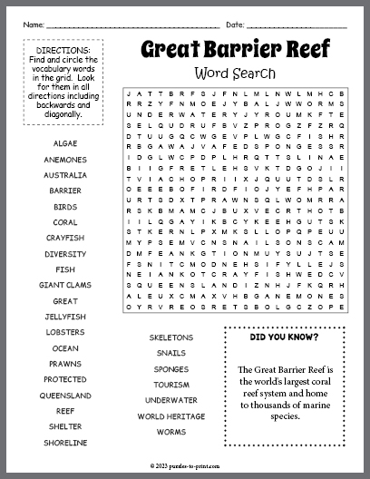 Great Barrier Reef Word Search