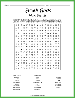 Free printable Greek Gods Word Search puzzle worksheet