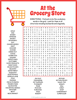 Free printable Grocery Store Word Search puzzle worksheet