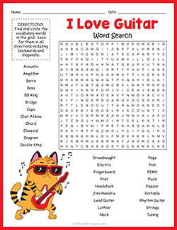 Free printable Guitar Word Search puzzle worksheet