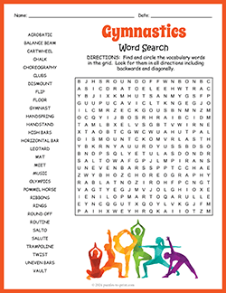 Free printable Gymnastics Word Search puzzle worksheet
