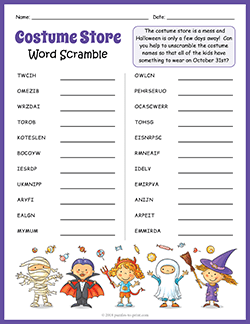 Free printable Halloween Costume Word Scramble puzzle worksheet