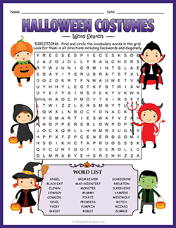 Free Printable Halloween Costumes Word Search Puzzle Worksheet