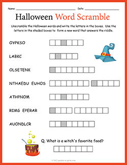 Free printable Halloween Word Scramble puzzle worksheet