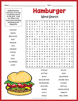 Free printable Hamburger Word Search puzzle worksheet