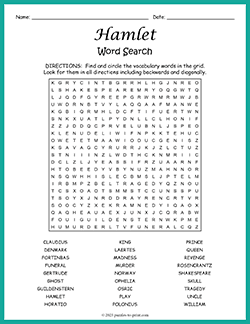 Free printable Hamlet Word Search puzzle worksheet