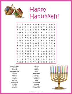 Free printable Hanukkah Word Search puzzle worksheet