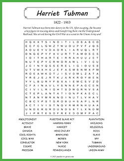 Free printable Harriet Tubman Word Search puzzle worksheet