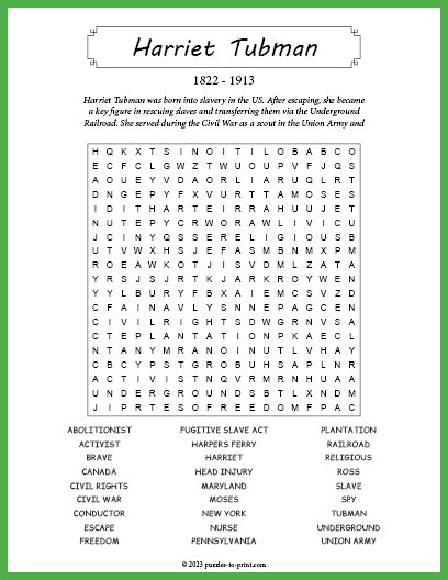 Harriet Tubman Word Search