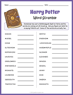 Free printable Harry Potter Word Scramble puzzle worksheet
