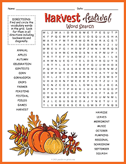 Free printable Harvest Festival Word Search puzzle worksheet