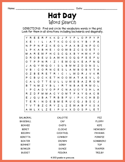 Hat Day Word Search
