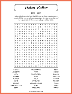 Free printable Helen Keller Word Search puzzle worksheet