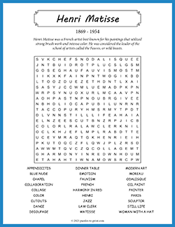 Free printable Henri Matisse Word Search puzzle worksheet
