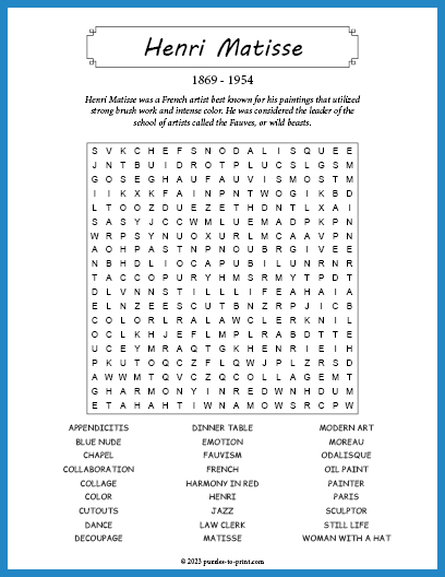 Henri Matisse Word Search