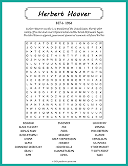 Free printable Herbert Hoover Word Search puzzle worksheet
